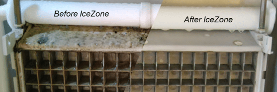 Before and after ice machine interior with Icezone. Mold vs. clean