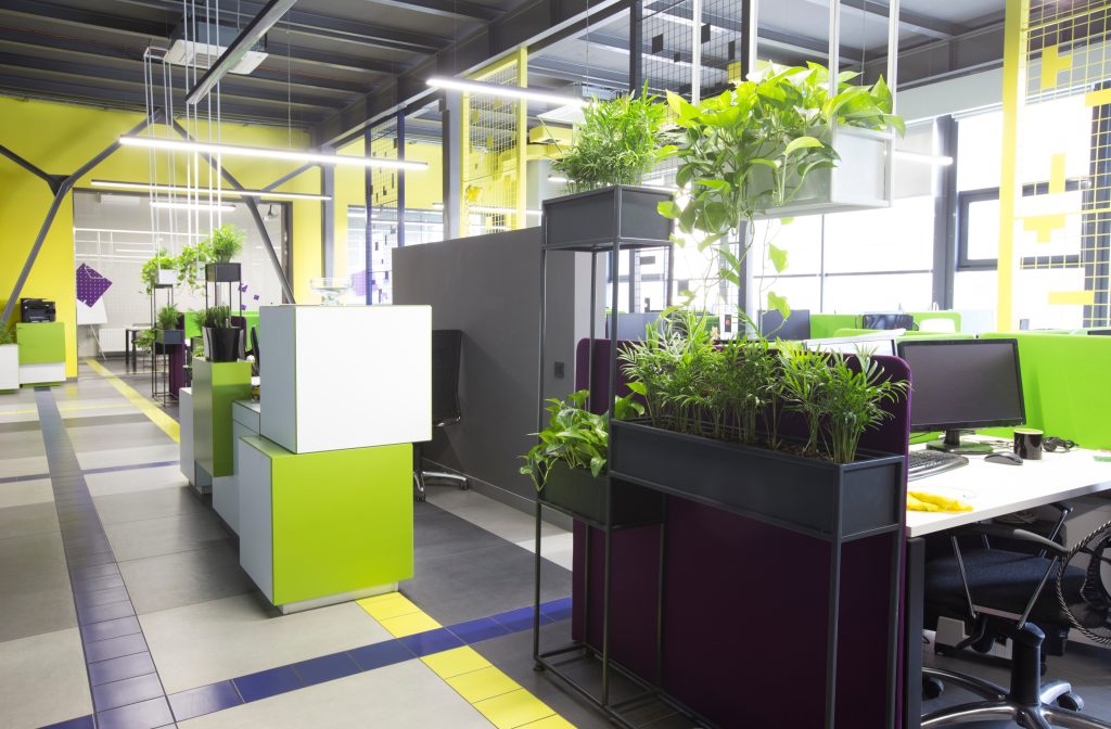 Open space interior with green plants and places for workers.